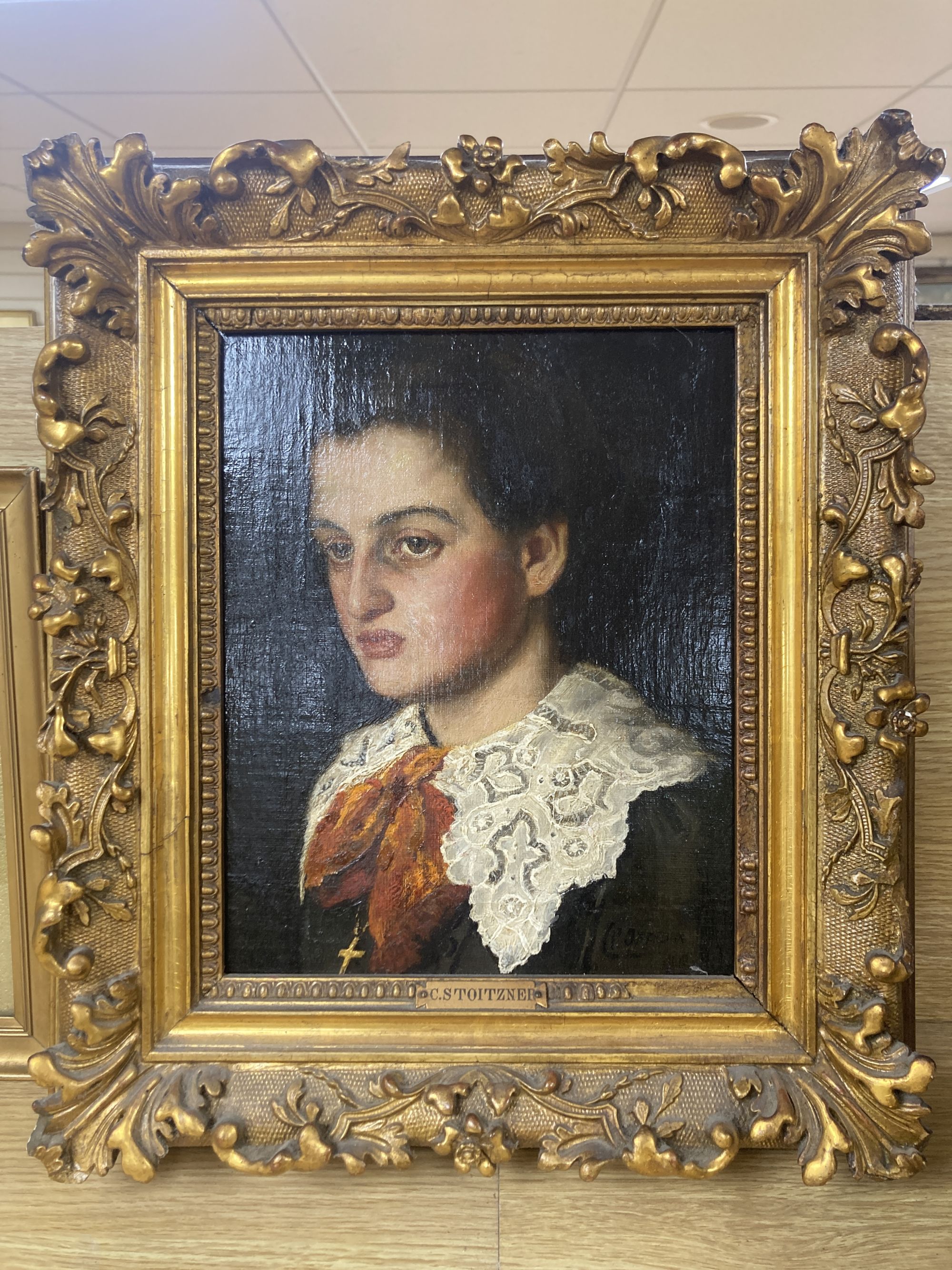 C. Stoitzner, oil on canvas laid on panel, Portrait of a young man wearing a lace collar, signed, 26 x 20cm